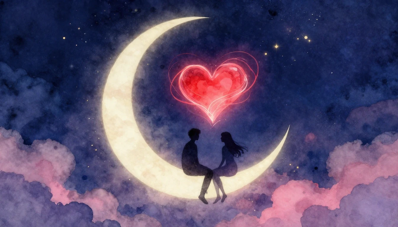 A dreamy and romantic watercolor painting depicting two silh...