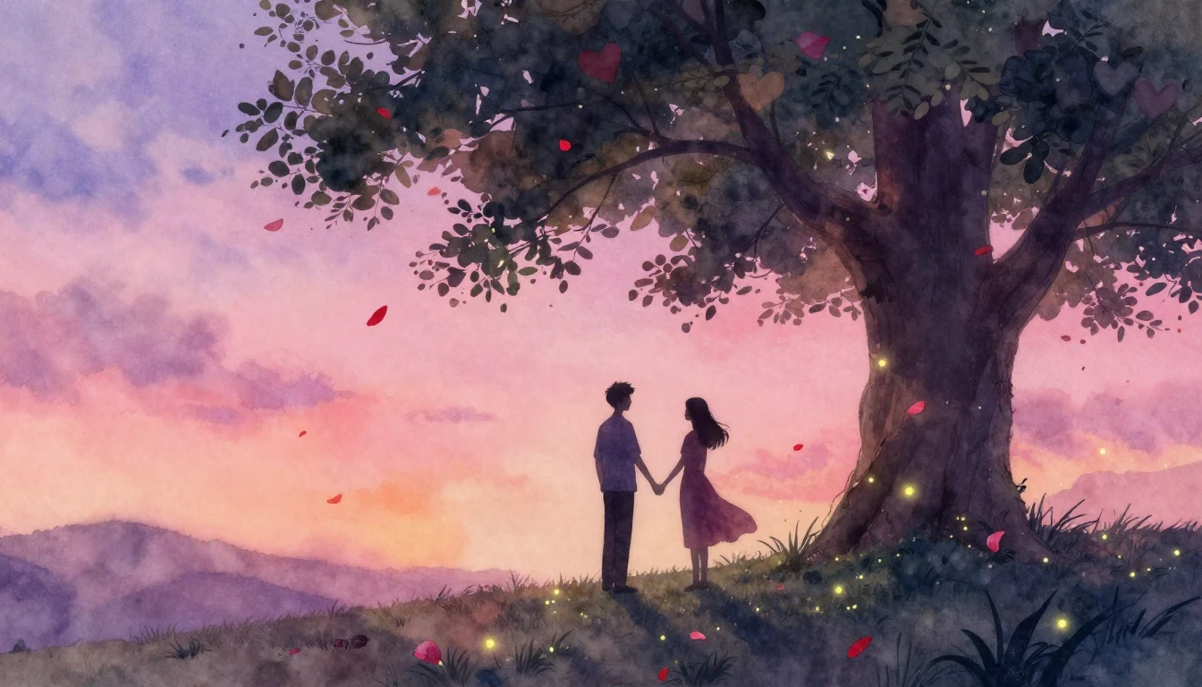 A romantic and dreamy watercolor painting featuring two silh...
