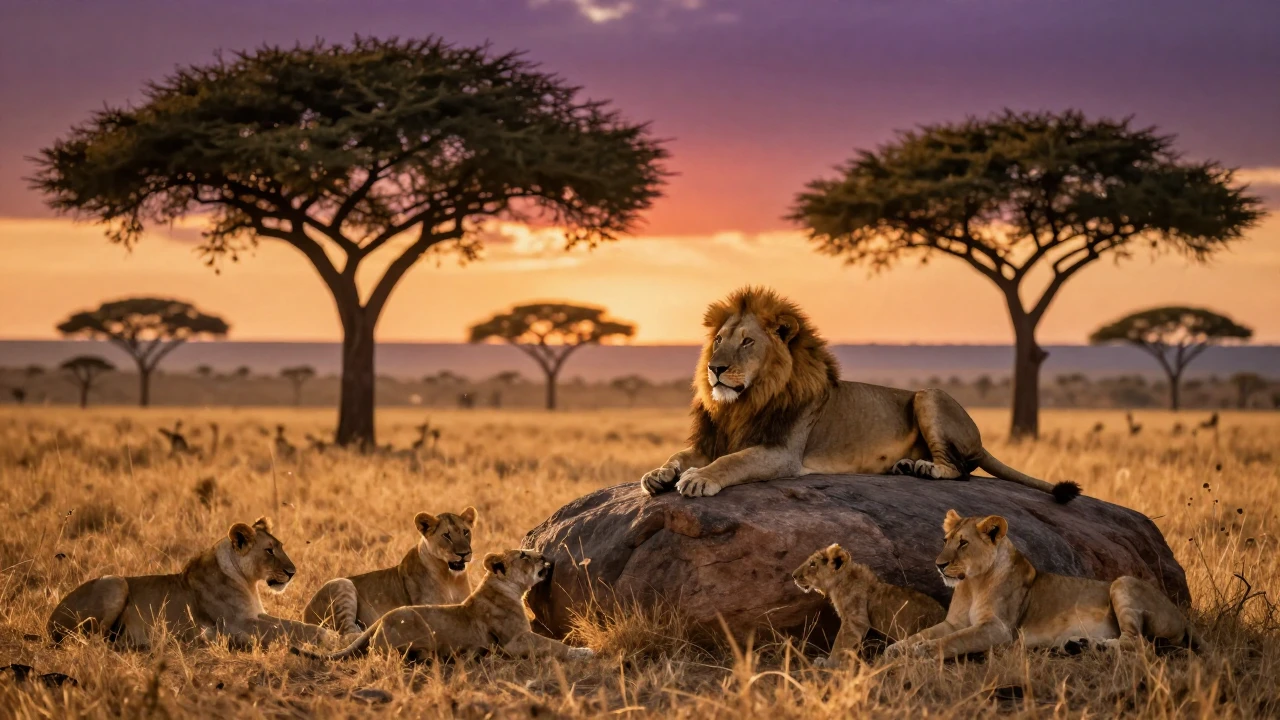 A majestic lion pride resting on a sun-drenched savannah pla...