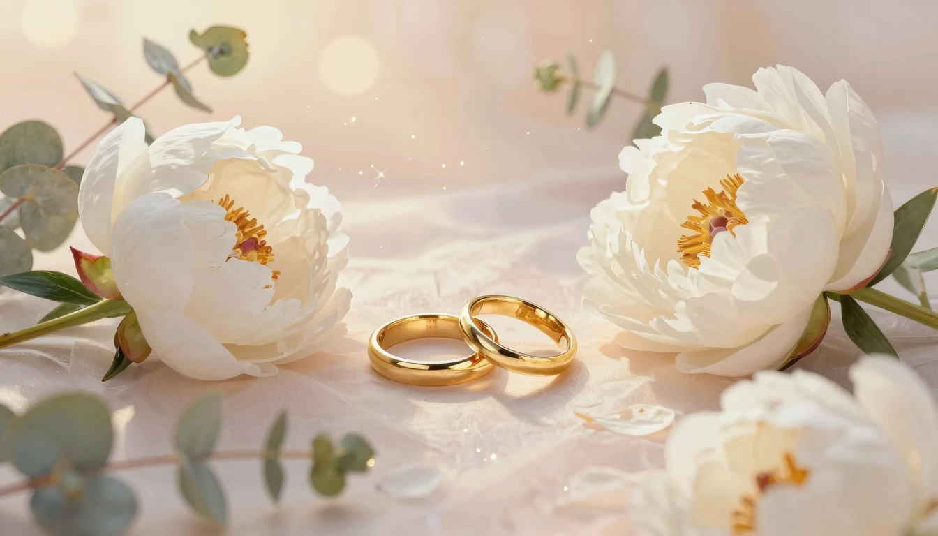 A dreamy and romantic scene featuring two golden wedding rin...