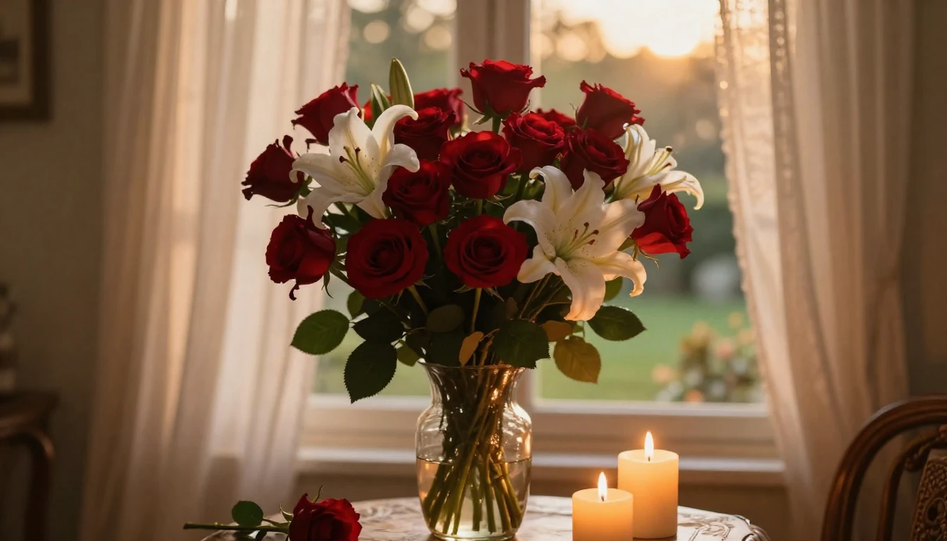 A dreamlike and romantic scene featuring a large, lush bouqu...