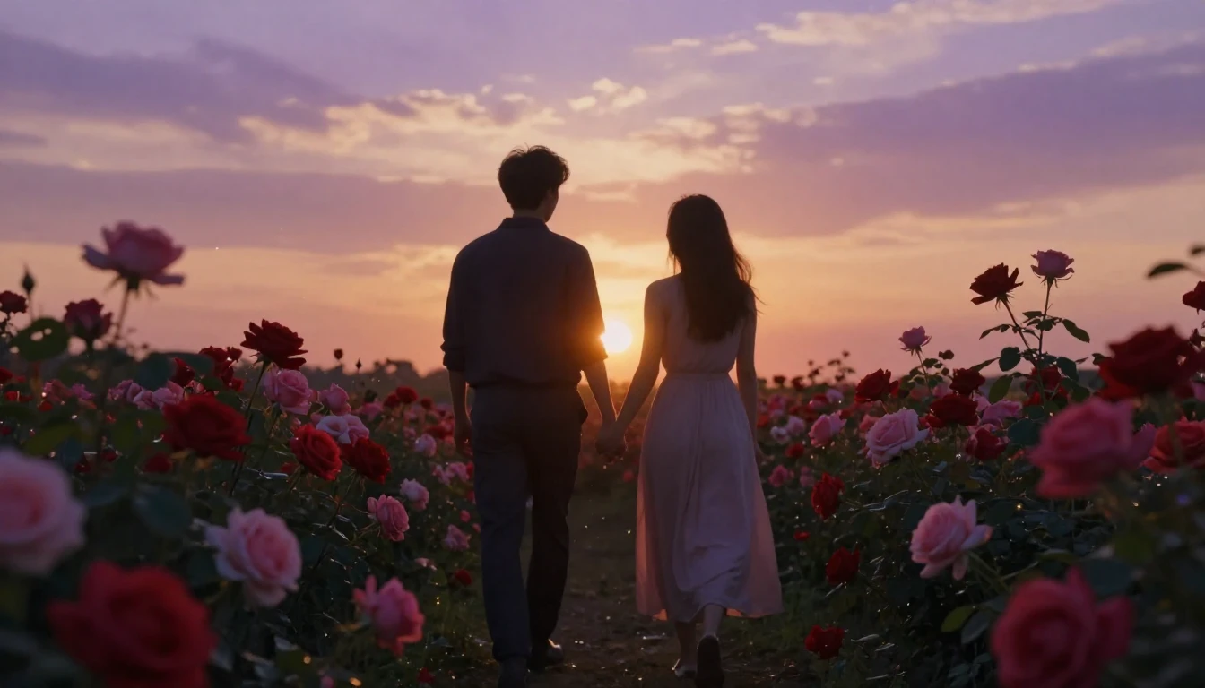 A delicate and romantic scene of two people silhouettes walk...