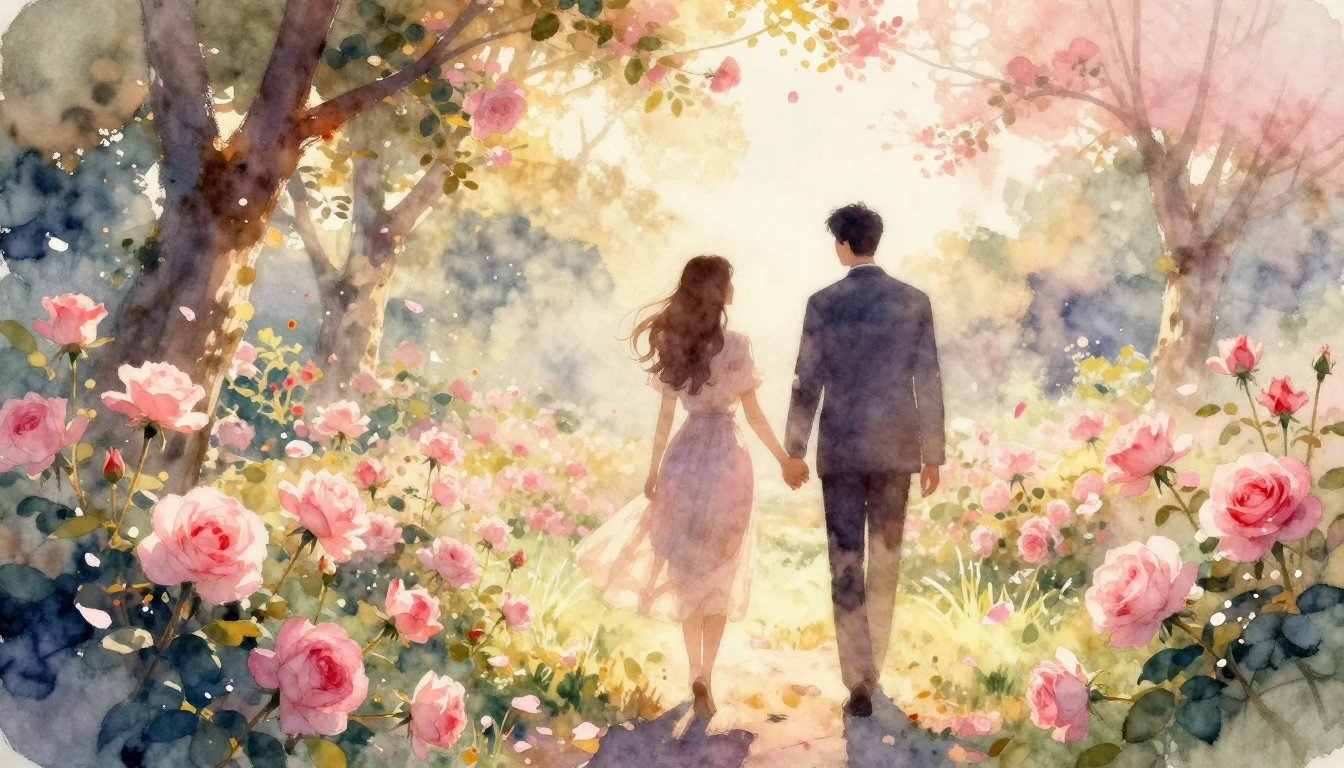 A dreamy watercolor painting of two silhouettes walking hand...