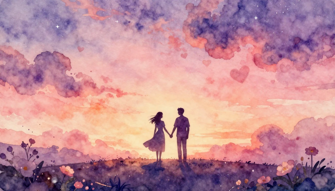 A romantic and dreamy watercolor painting depicting two silh...