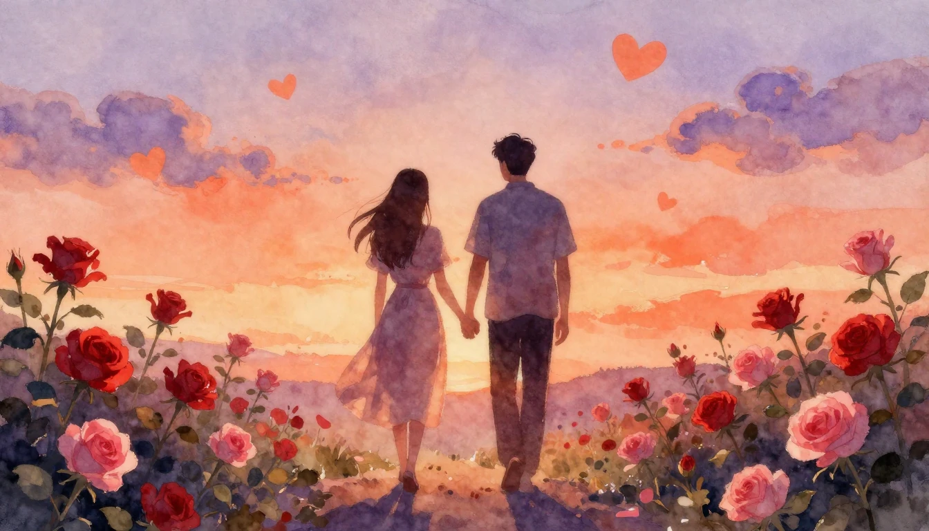 A soft and dreamy watercolor painting depicting two silhouet...