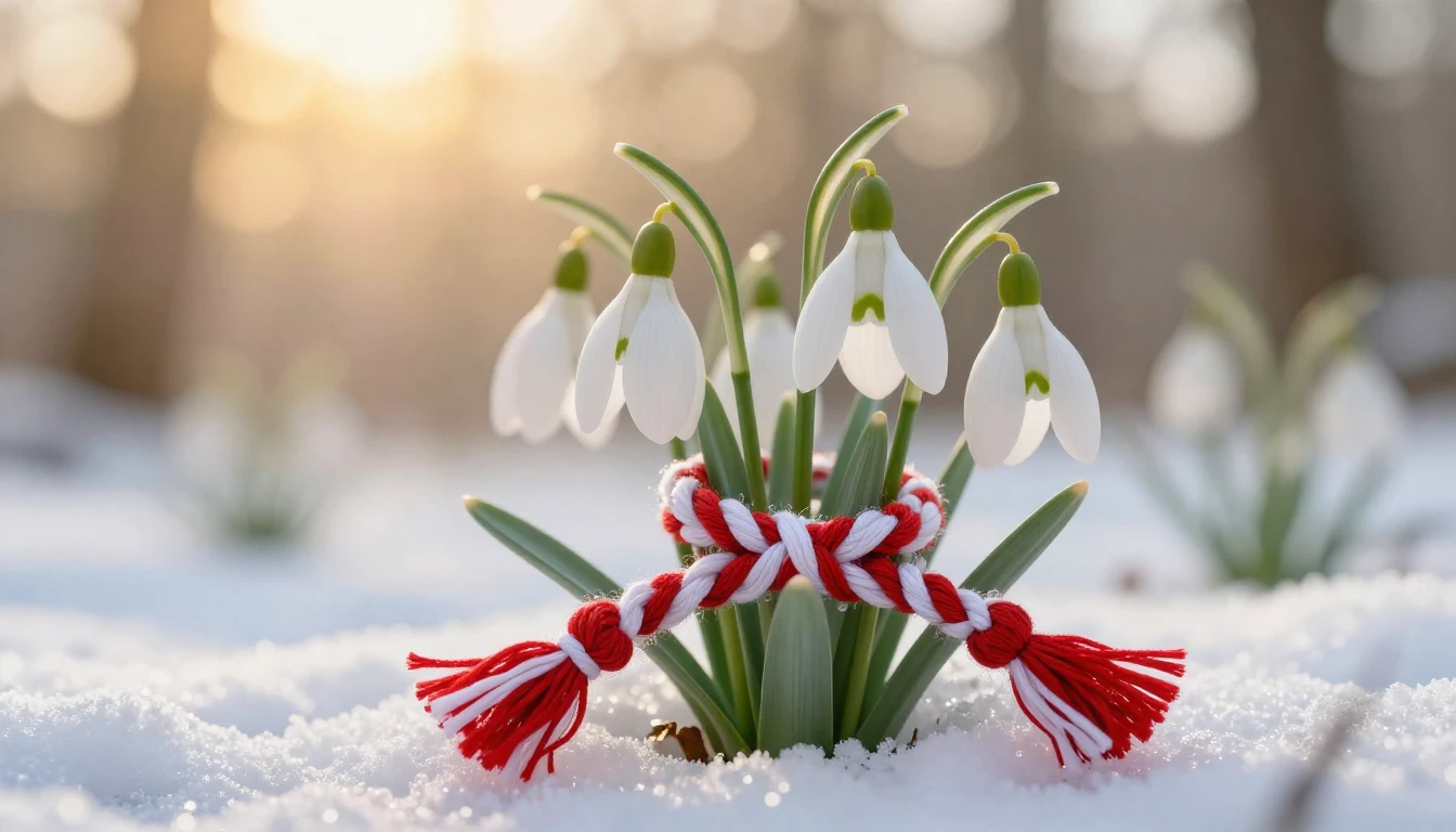 A delicate and artistic close-up of fresh white snowdrops em...