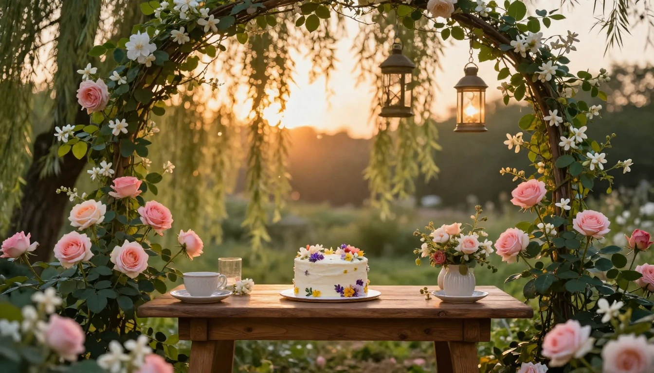 A serene and festive outdoor garden setting during the golde...