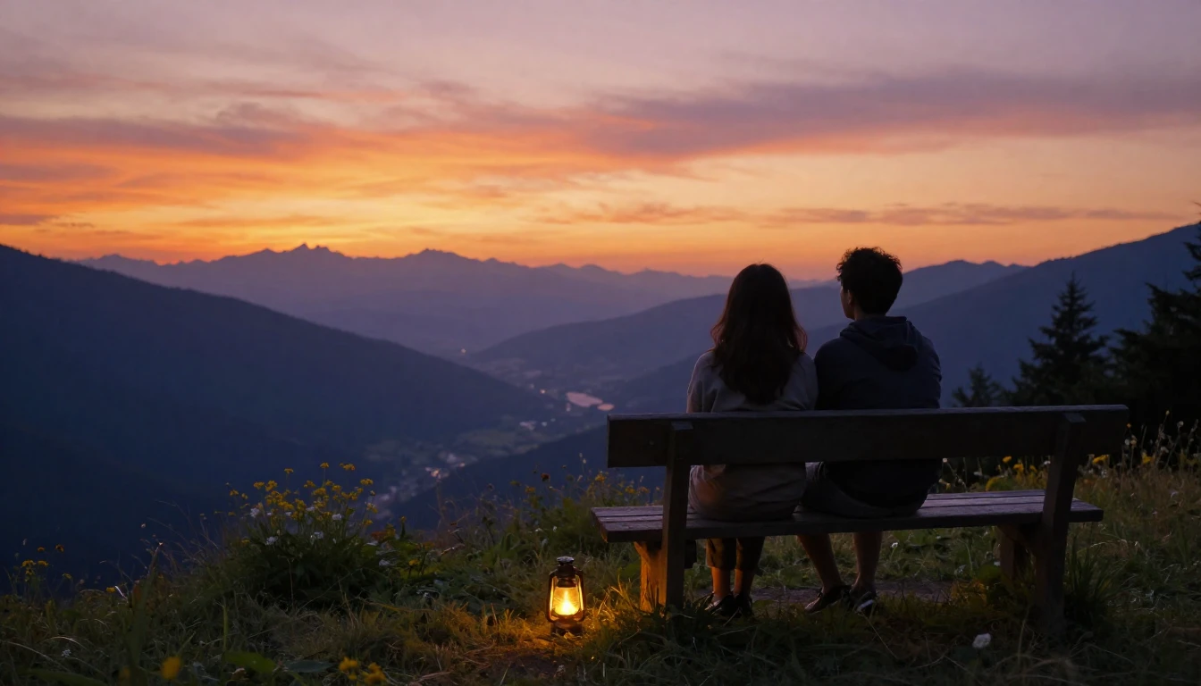 A heartwarming and atmospheric scene featuring two silhouett...