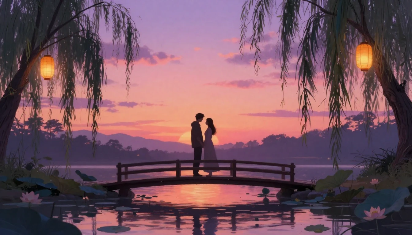A romantic and cozy scene featuring two silhouettes of a cou...