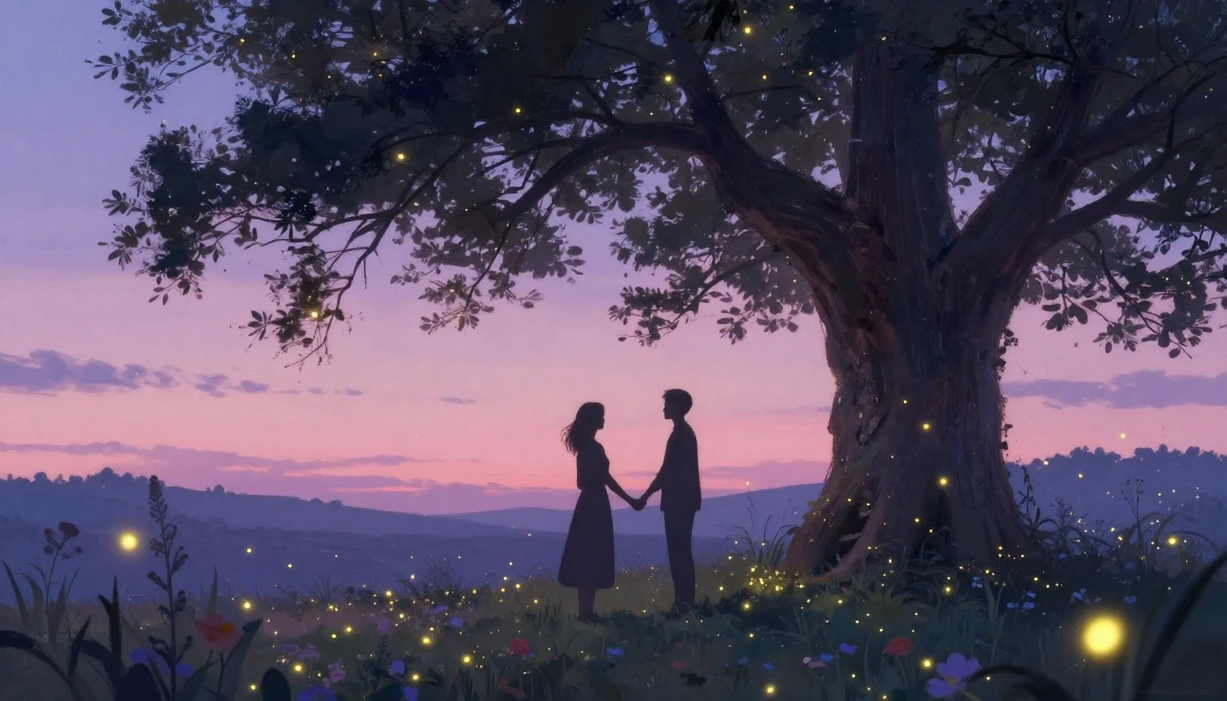 A romantic and dreamy scene depicting two silhouettes holdin...