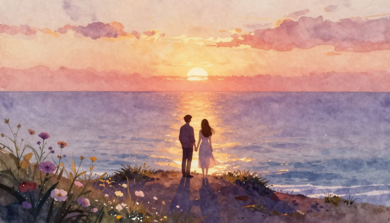 A dreamy watercolor painting depicting two silhouettes of a ...