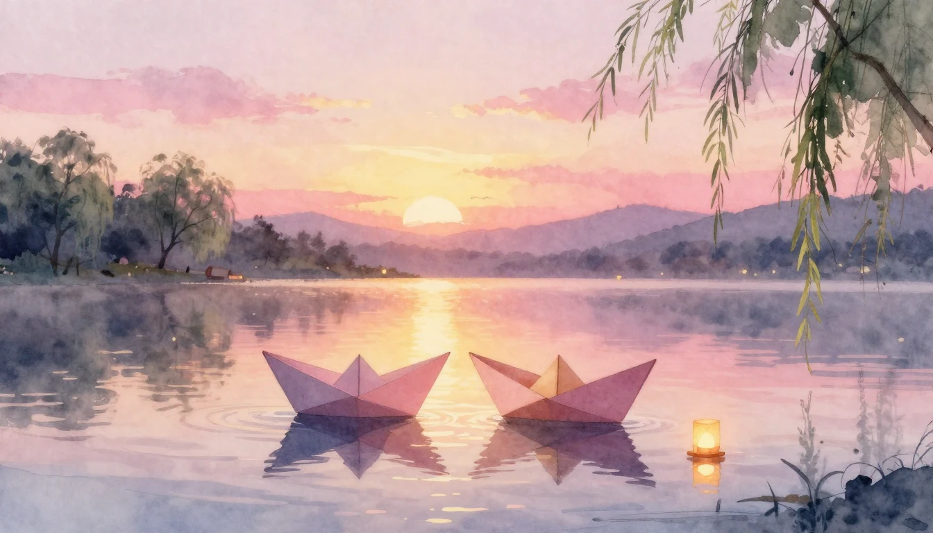 A soft and ethereal watercolor painting of two delicate pape...