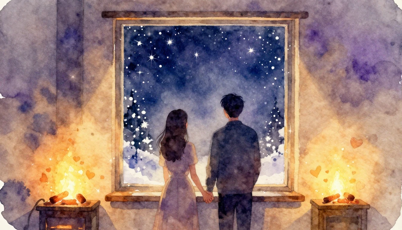 A romantic watercolor illustration depicting a cozy indoor s...