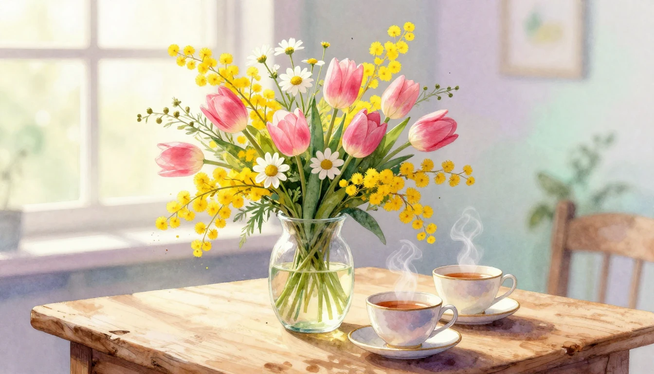 A beautiful and vibrant bouquet of spring flowers, including...