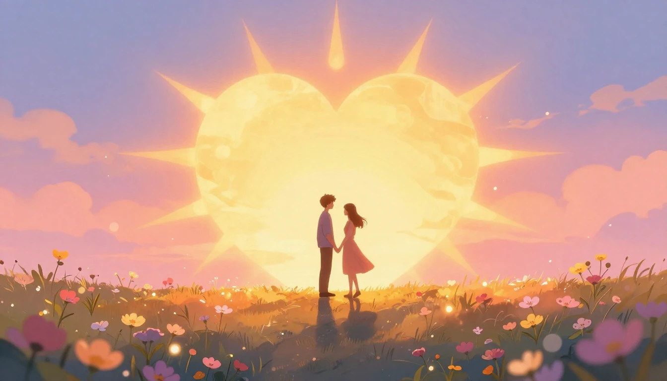 A romantic and dreamy illustration featuring a silhouette of...