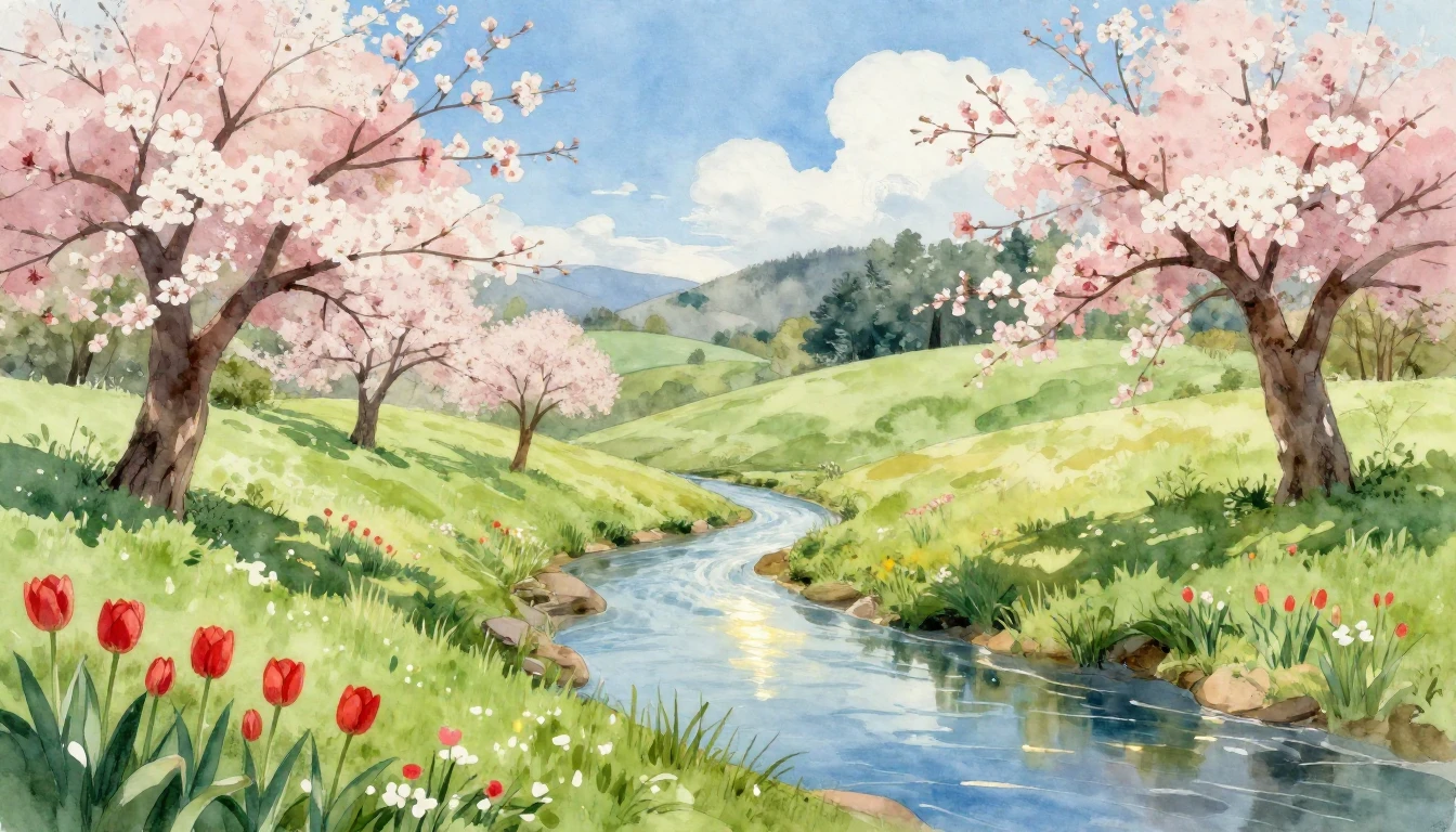 A vibrant and soft watercolor landscape painting representin...