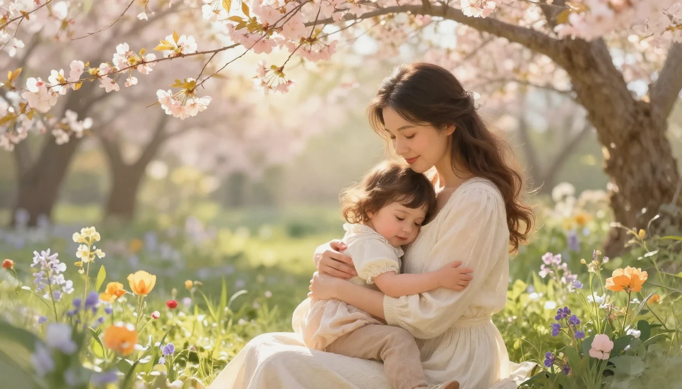 A heartwarming and ethereal scene depicting a mother and her...