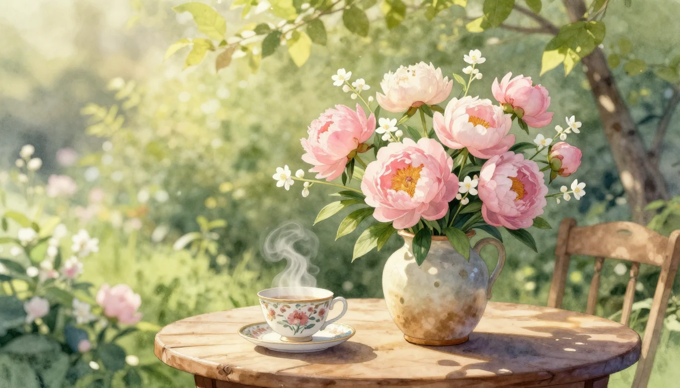 A beautiful and heartwarming watercolor painting of a lush, ...