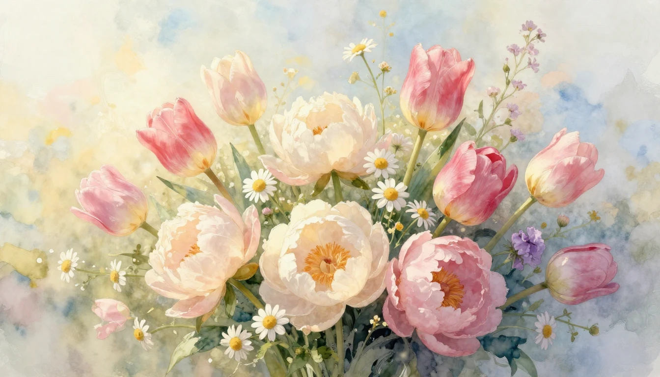 A soft and romantic watercolor painting symbolizing love and...