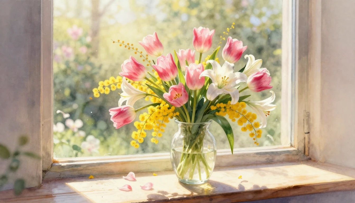 A breathtaking and delicate watercolor painting of a lush sp...