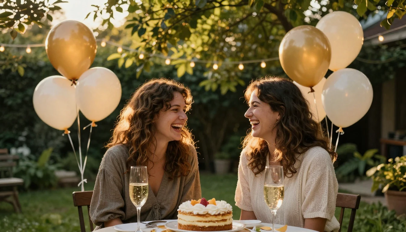 A warm and cozy celebratory scene featuring two close friend...
