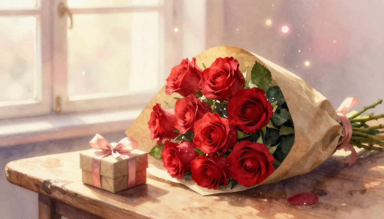 A soft and dreamy watercolor painting depicting a romantic V...