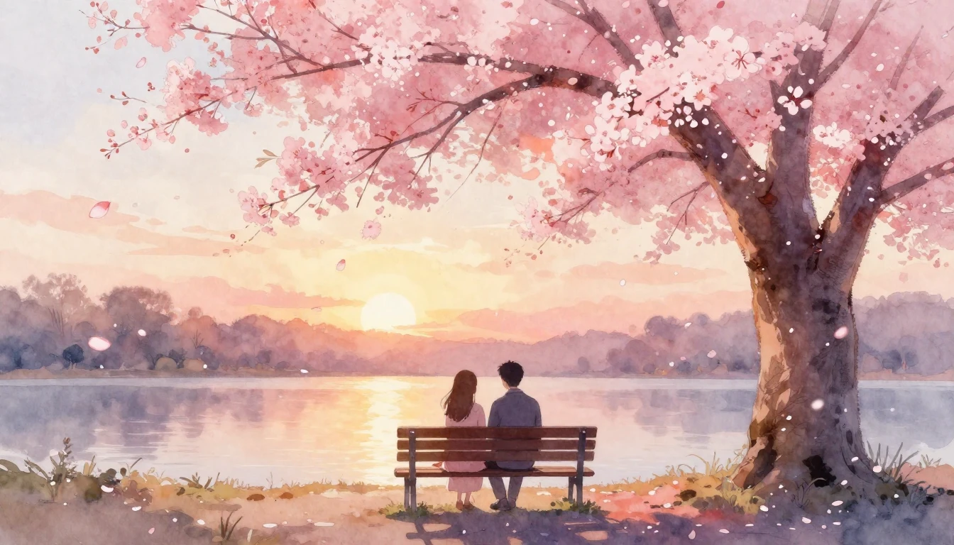 A soft and romantic watercolor painting depicting two silhou...