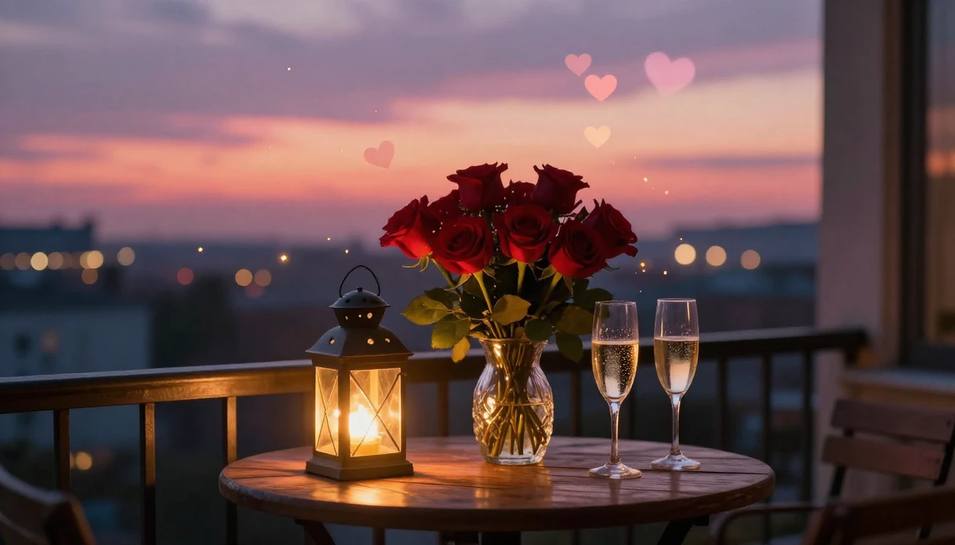 A magical and romantic scene of a cozy balcony at dusk, over...
