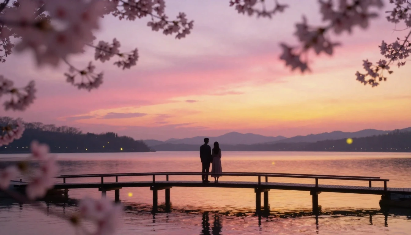 A romantic and ethereal scene featuring two silhouettes stan...