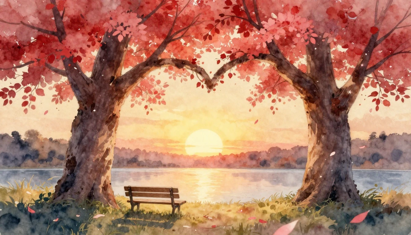 A romantic and soft watercolor painting depicting two large,...