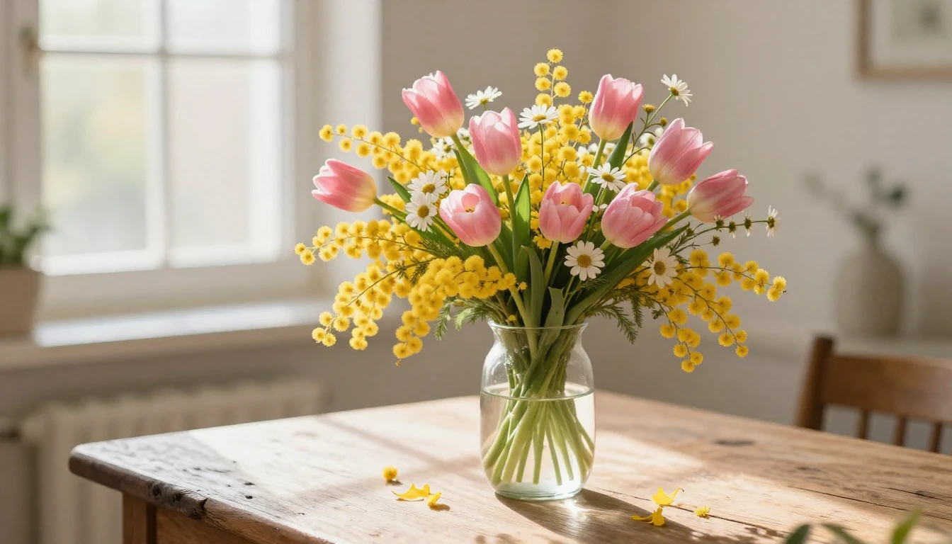 A beautiful and vibrant bouquet of spring flowers, including...