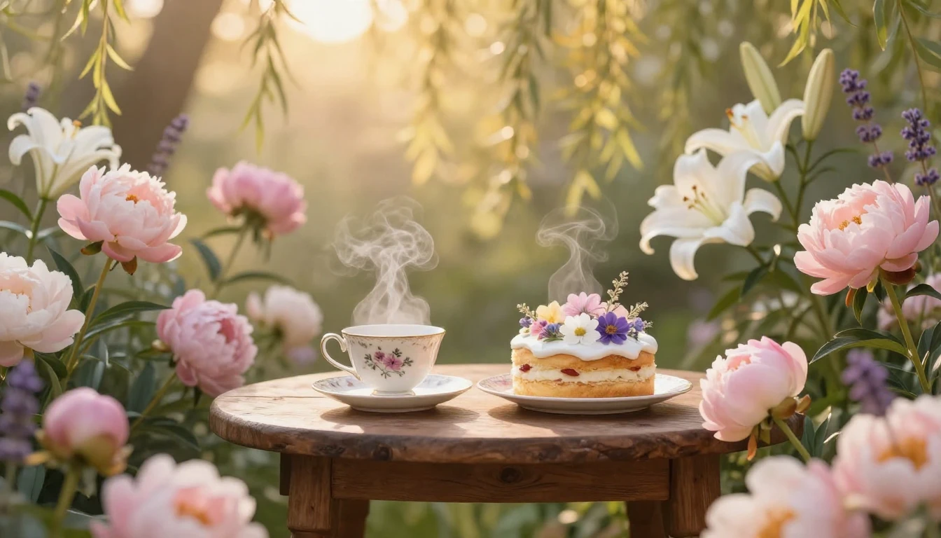 A warm and serene scene featuring a lush, sun-drenched garde...