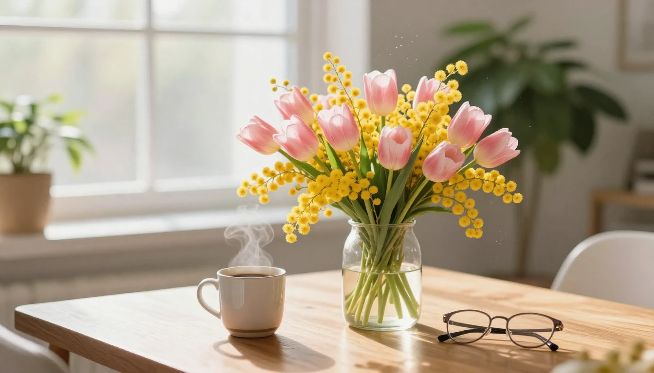 A bright and airy composition featuring a delicate bouquet o...