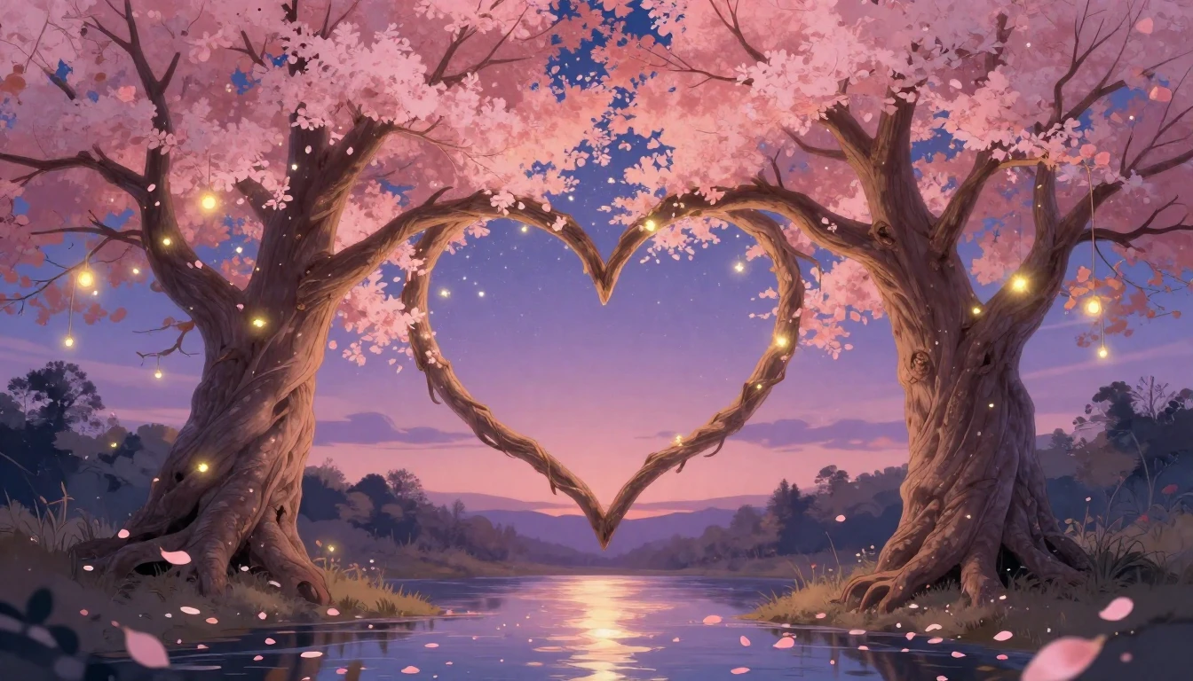 A soft and dreamy composition featuring two ancient trees wi...