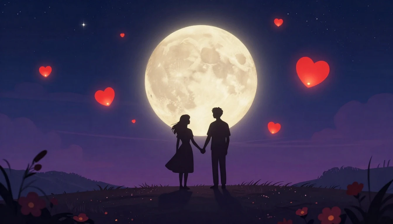 A romantic and dreamy illustration featuring two silhouetted...