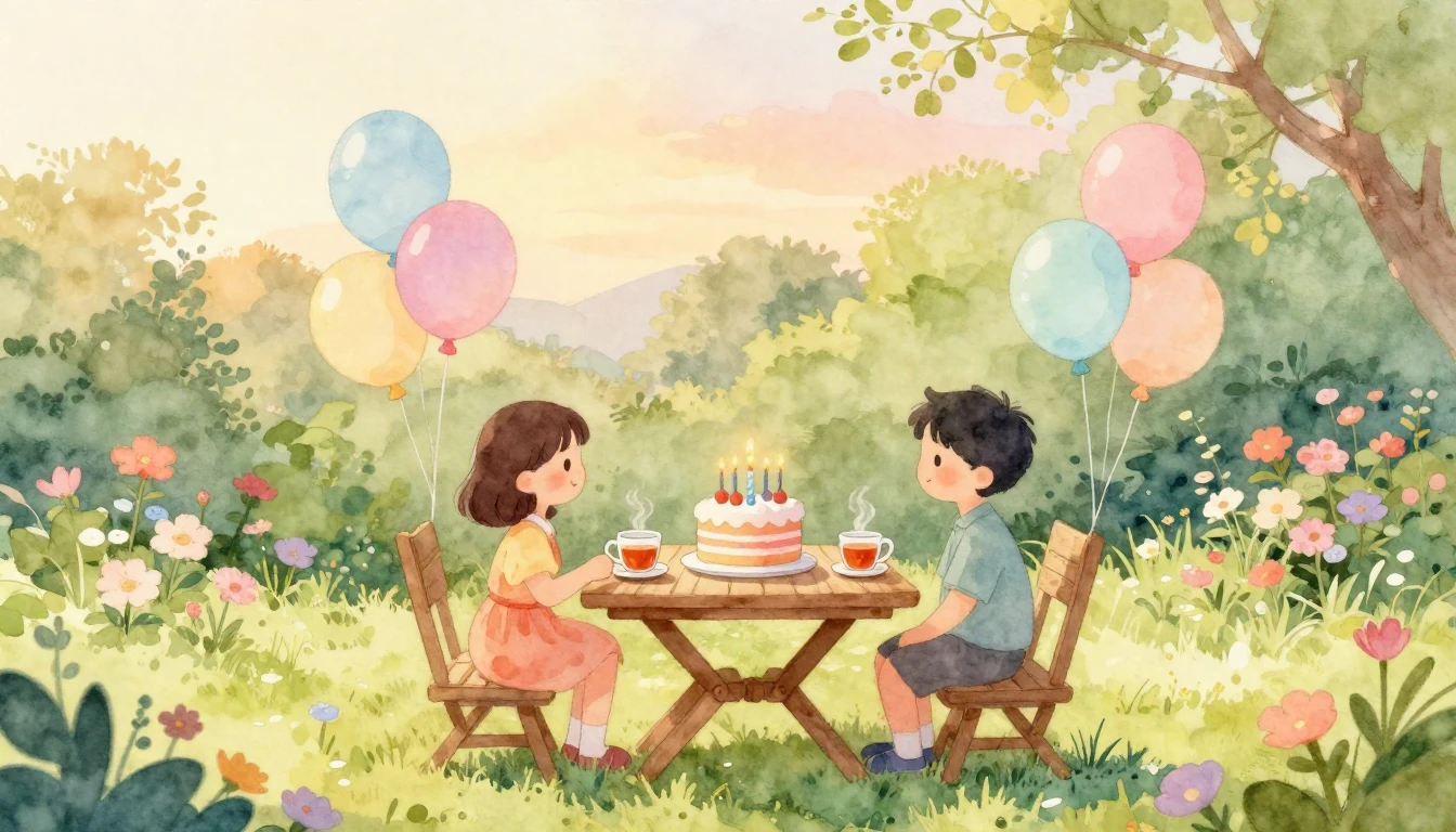 A heartwarming watercolor painting depicting a serene outdoo...