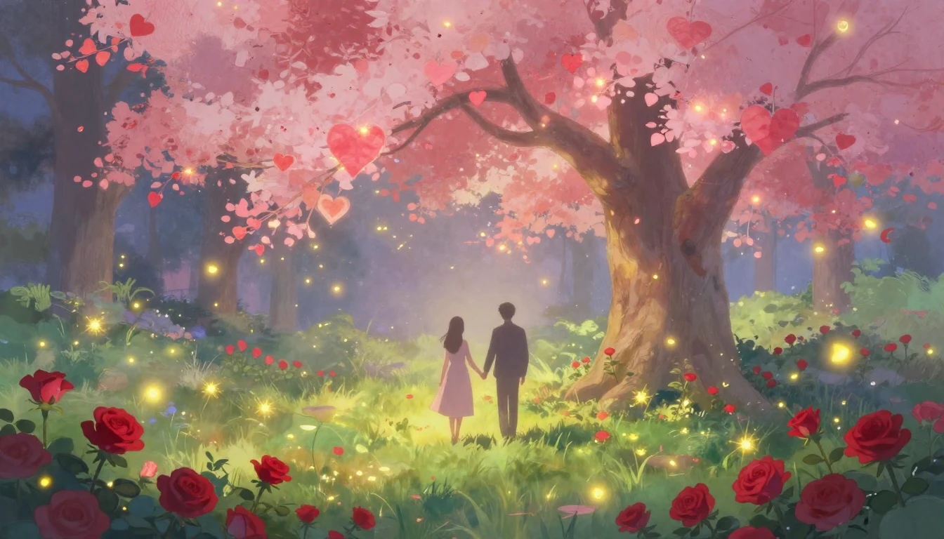 A soft and dreamy romantic scene depicting a magical garden ...