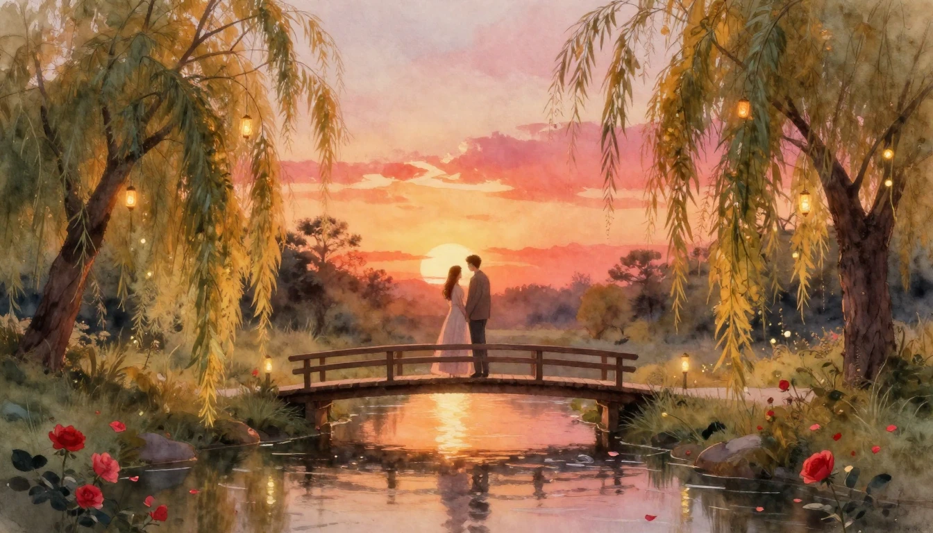 A dreamy and romantic watercolor painting depicting a couple...