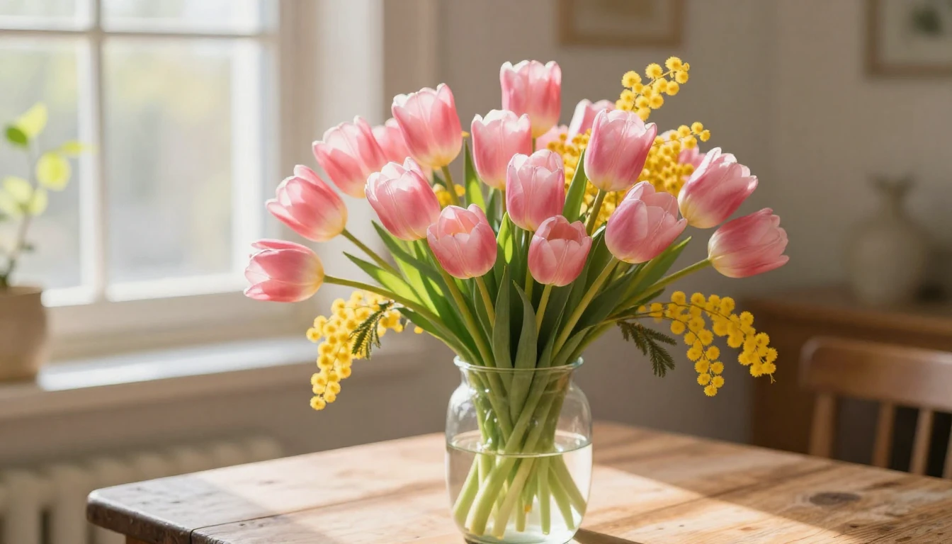 A beautiful spring scene featuring a lush bouquet of vibrant...