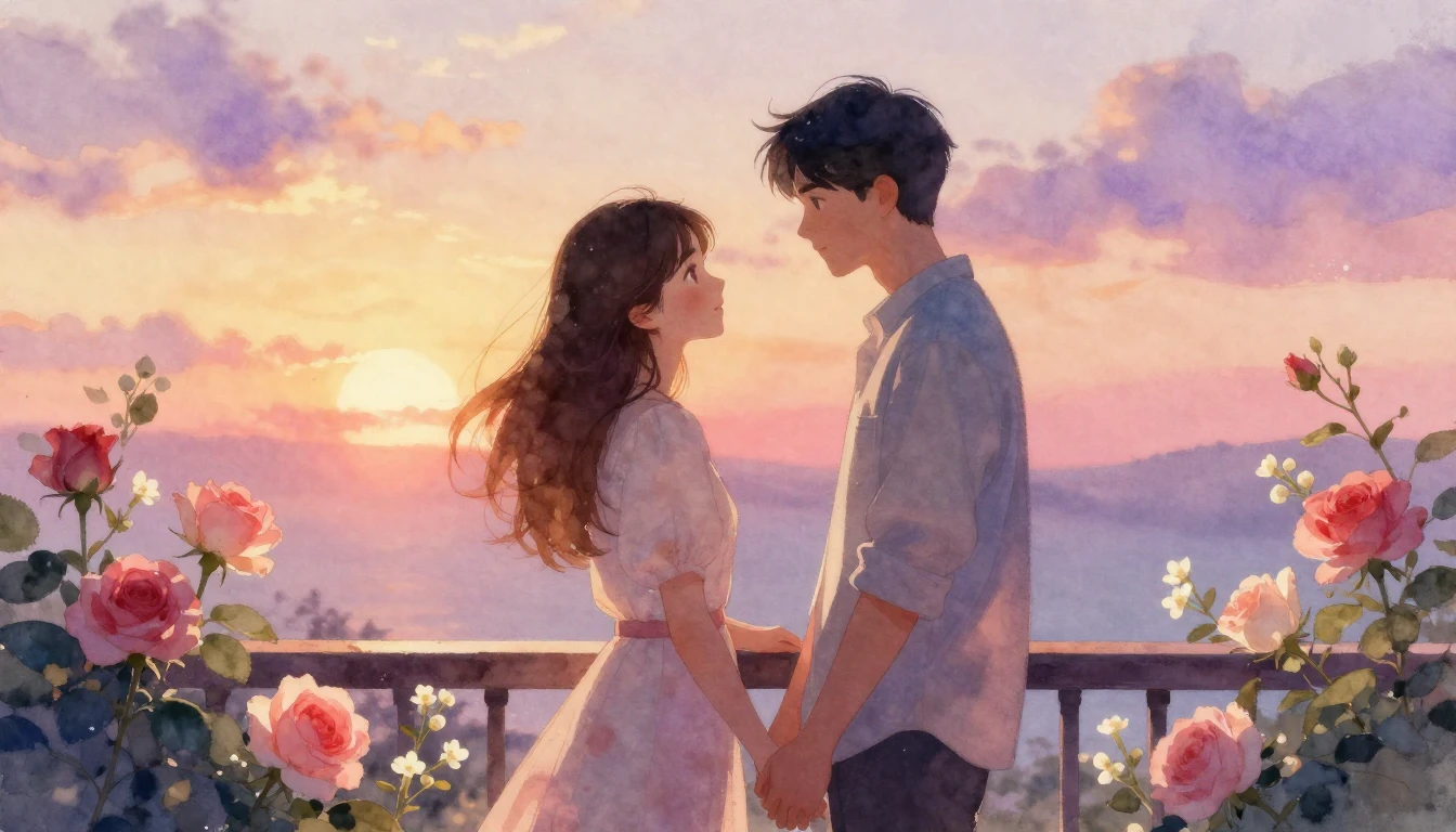 A romantic watercolor painting of a young couple standing on...