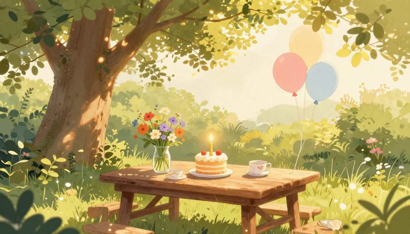 A cozy and heartwarming illustration of a sun-drenched outdo...