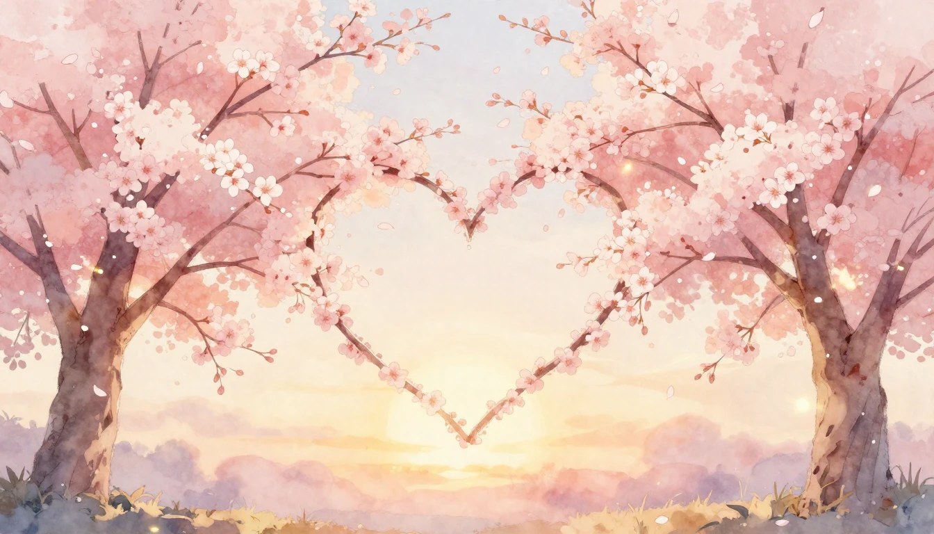 A dreamy and soft watercolor painting depicting two blossomi...