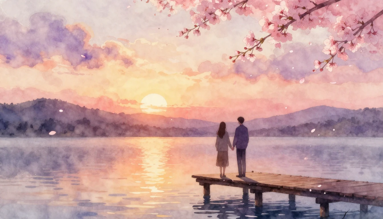 A dreamlike and romantic scene painted in soft watercolor te...