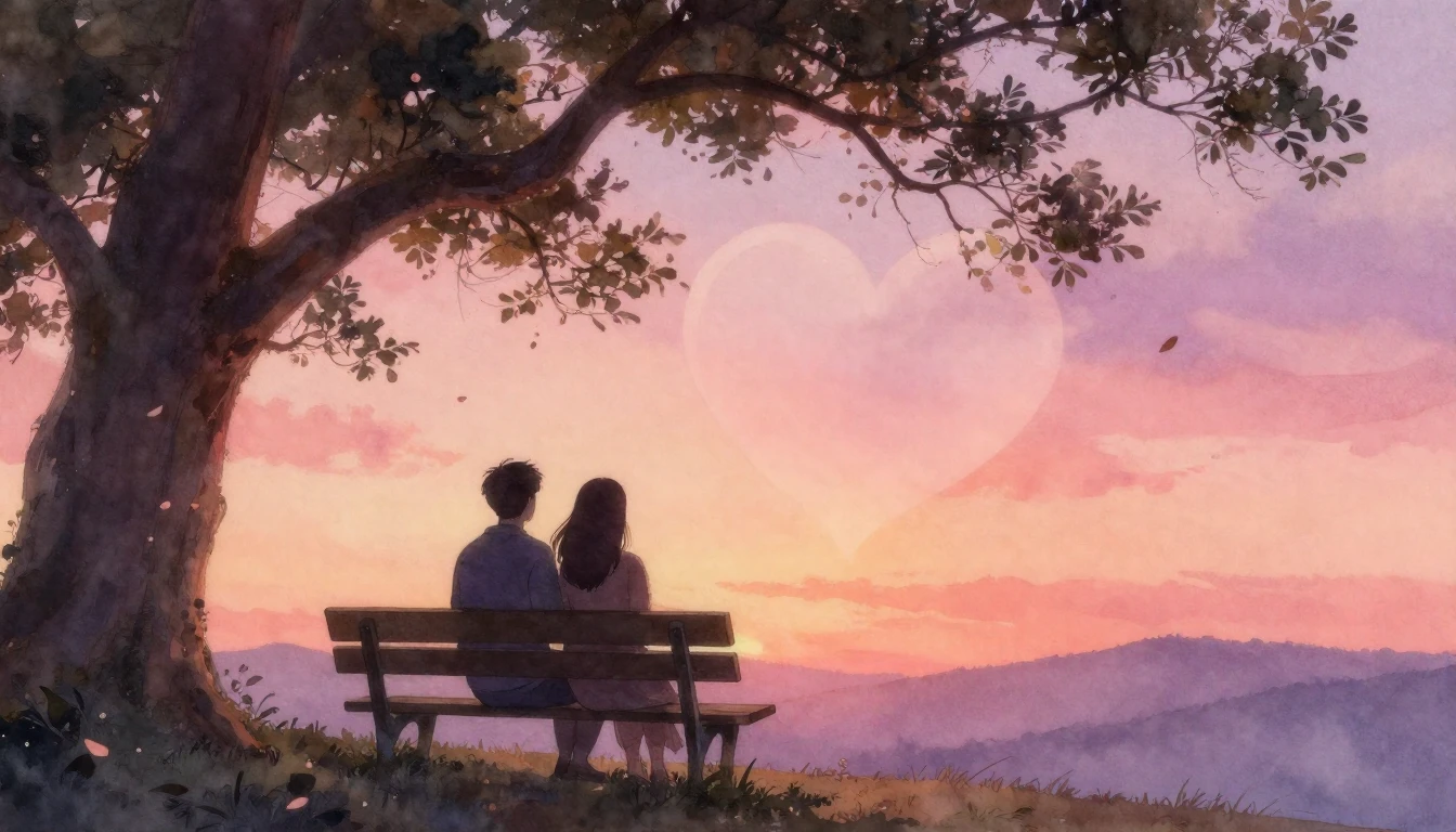 A romantic watercolor painting depicting two silhouettes of ...