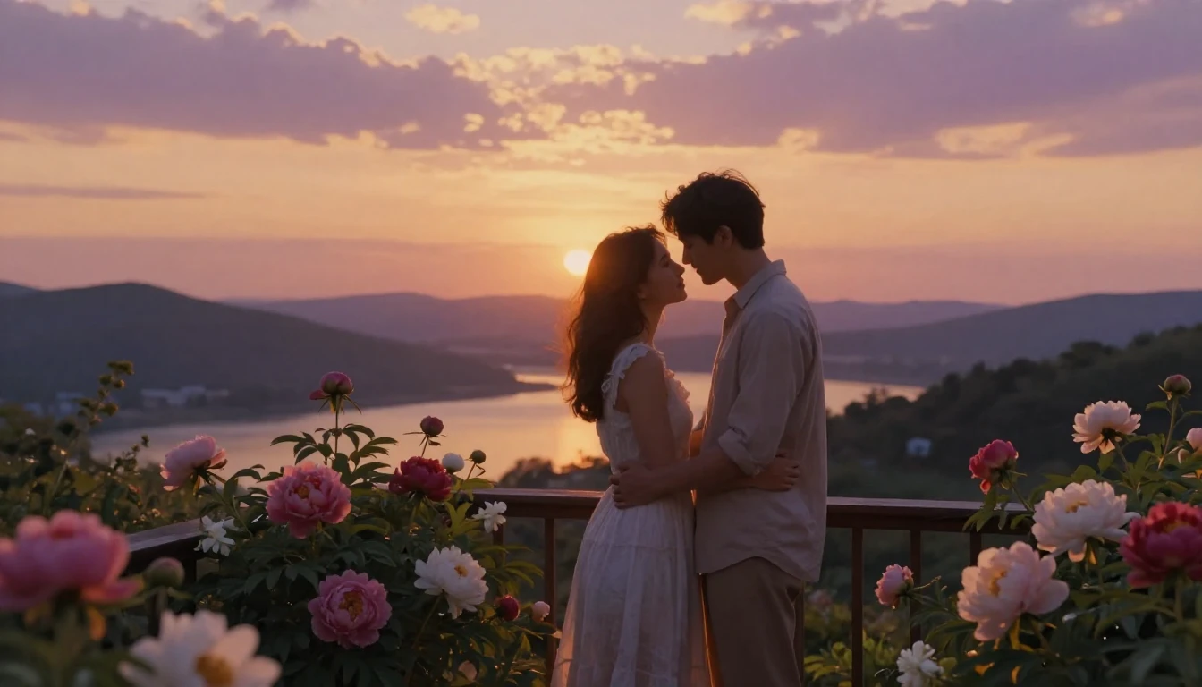 A romantic and intimate scene of a couple standing on a balc...