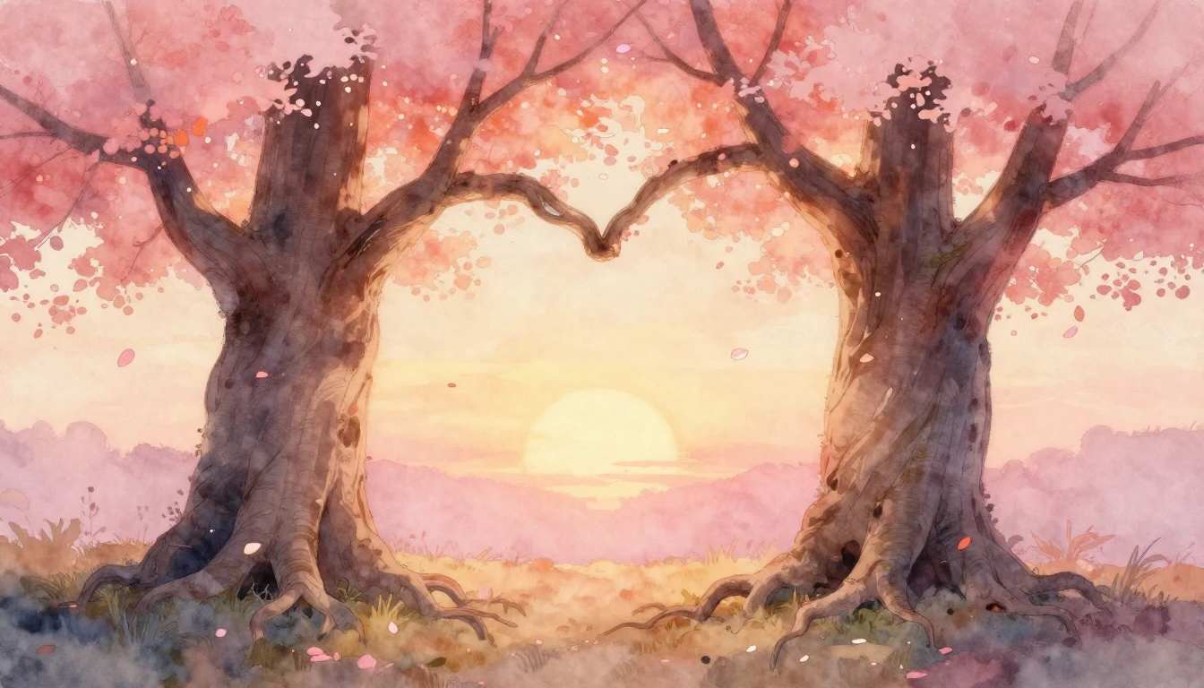 A romantic and ethereal watercolor painting depicting two la...