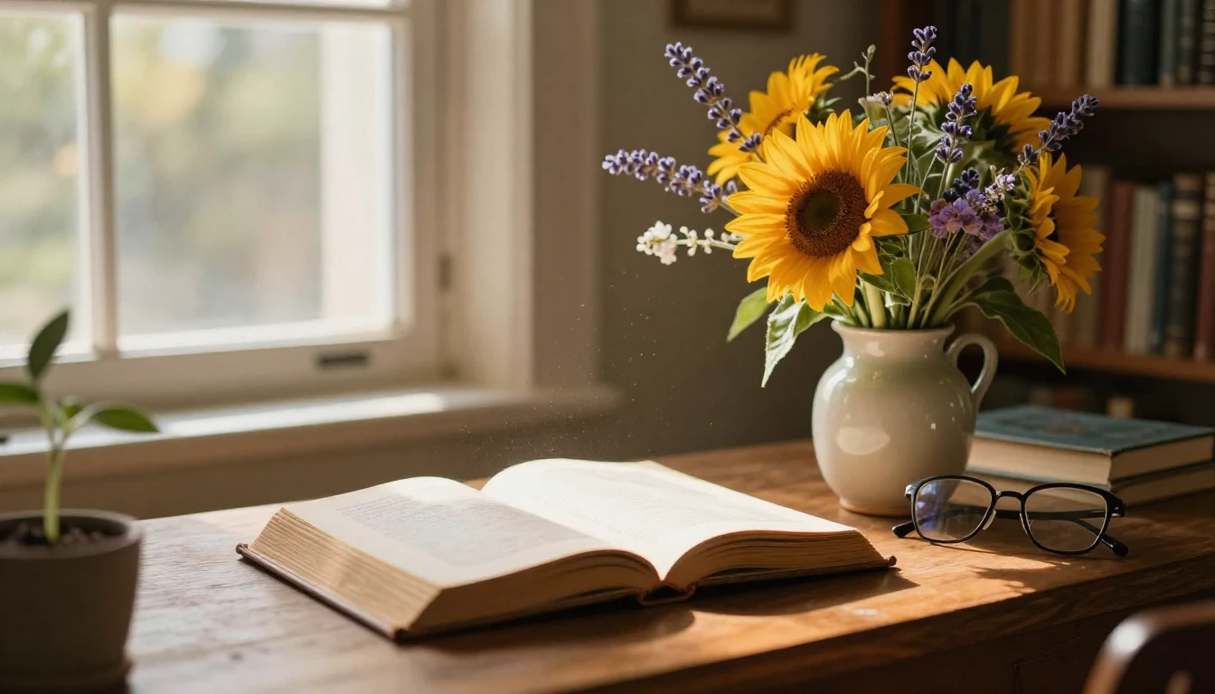 A warm and inviting scene featuring an open vintage book on ...