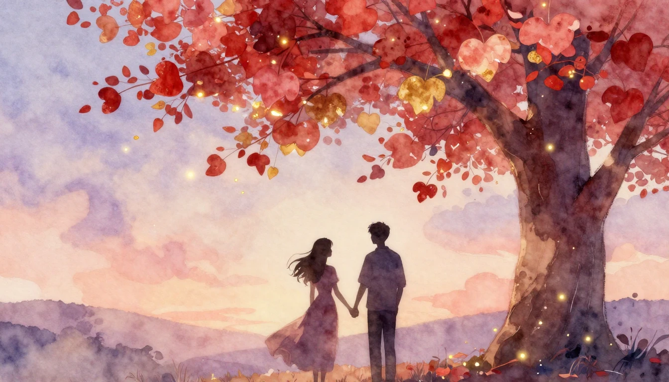 A romantic and ethereal watercolor illustration of two silho...