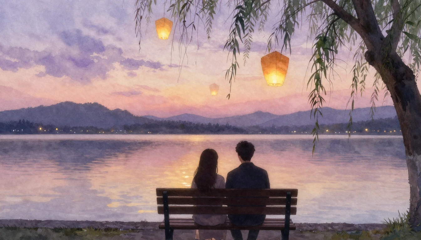 A soft, romantic watercolor painting depicting two silhouett...