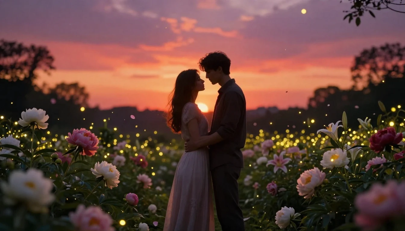 A breathtakingly romantic scene featuring two silhouettes of...